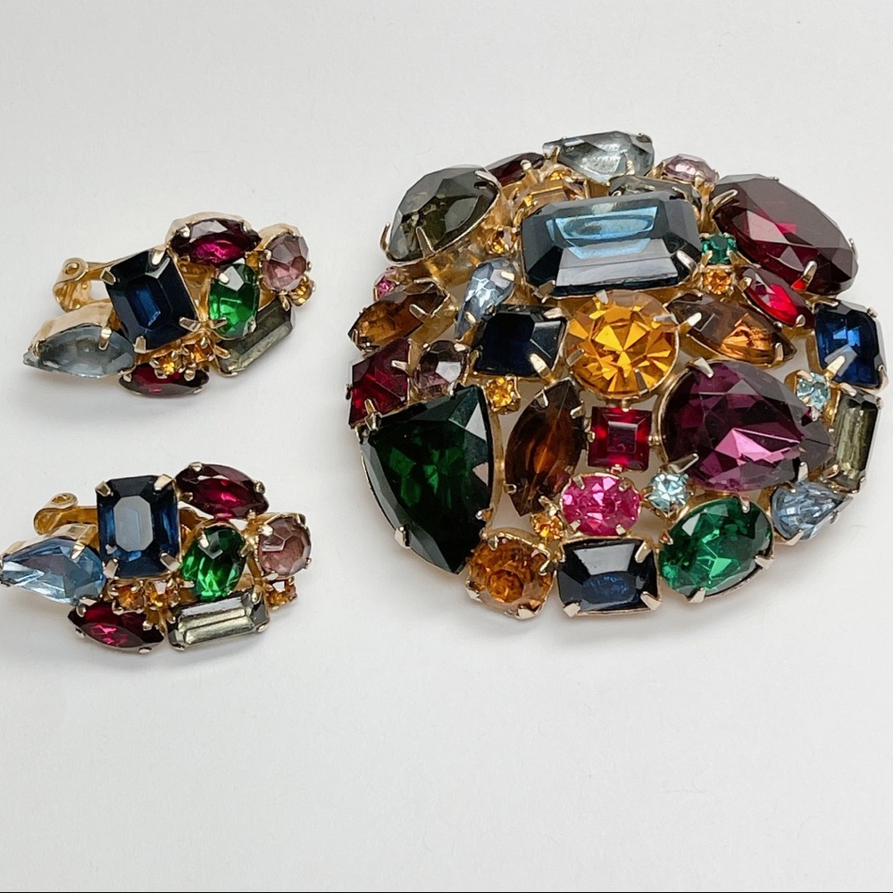 Vintage Colorful Domed Rhinestone Brooch Earrings